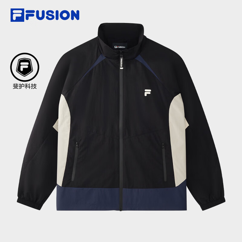 FILA FUSION斐乐潮牌男女同款梭织外套2026春新款时尚宽松拼色上衣 正黑色-BK L 175/96A/L