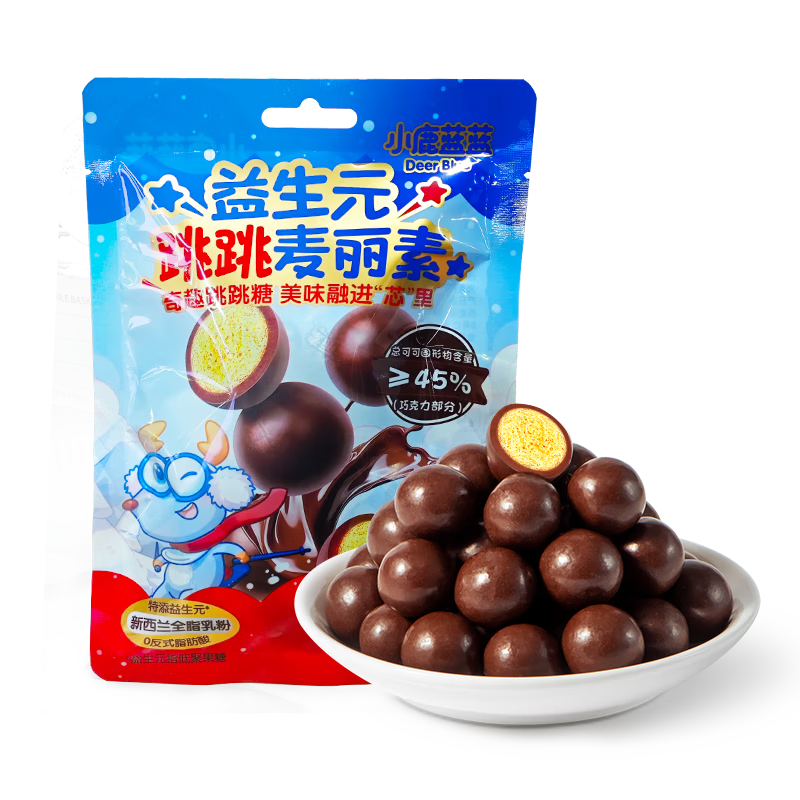 小鹿蓝蓝益生元跳跳麦丽素18g儿童零食纯可可脂巧克力怀旧零食糖果夹心 