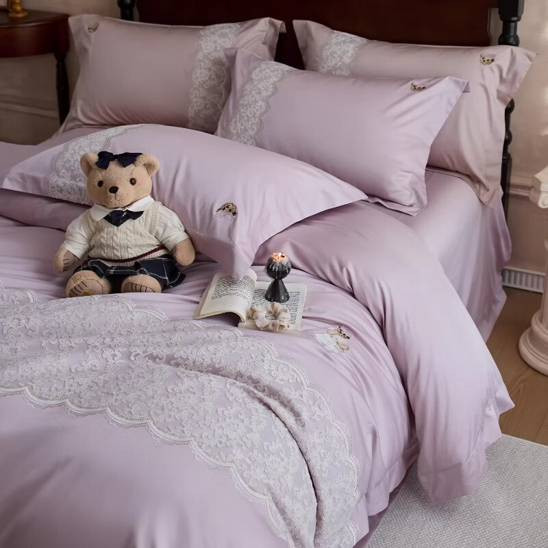 Teenie Weenie小熊新款法式轻奢高级四件套全棉纯棉床单被套高支高密床上套件 【轻奢法式+高级丝滑】 诗羽-淡雅莎 2.0m 床单款 被套220*240cm 四件套