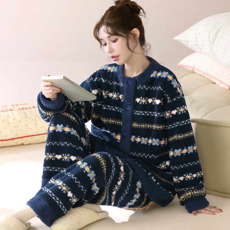 雅鹿睡衣冬女加绒保暖睡衣女士秋冬季2025新款珊瑚绒大码家居服圣诞套 NSJLY-KS274柏林纪事圆领女 L (100斤-120斤）
