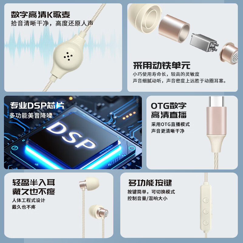 音奈尔（yinail）自带声卡耳机一体直播唱歌专用耳返有线入耳式耳麦内置多种模式适用于小米vivo华为OPPO苹果type-c 星雾蓝-直播声卡耳麦【入耳式】