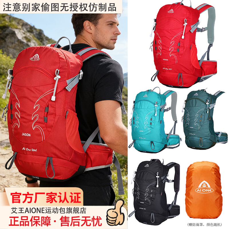 艾王(AIONE)轻便网架透气减负30L登山包户外徒步背包一日旅行运动双肩包男女 红色 30L