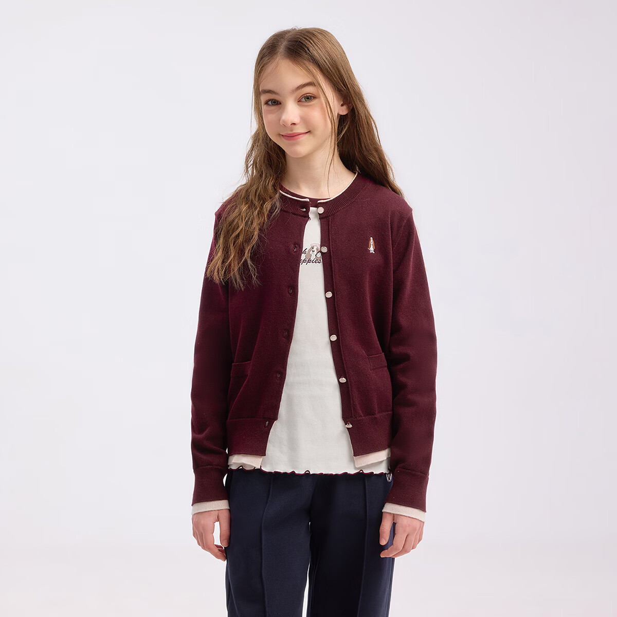 暇步士(Hush Puppies)【学院风】童装儿童女大童2025秋季新款简约舒适百搭假两件针织衫 波尔多红 170 cm