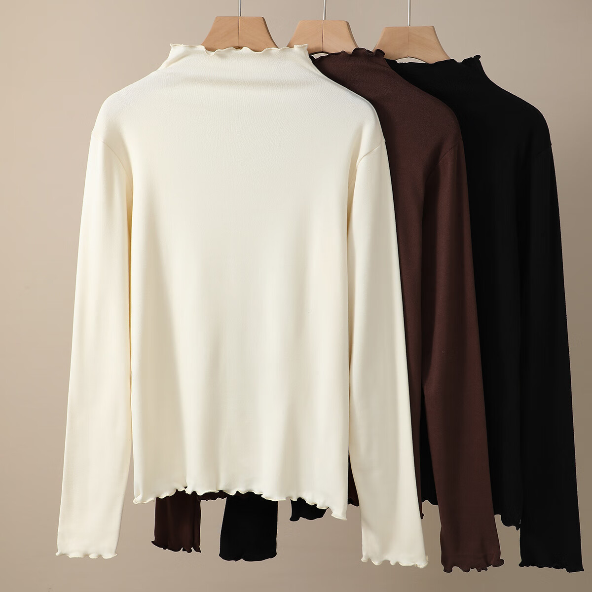 六月玫瑰【双面磨毛】2件装秋冬木耳边半高领内搭高级感大码打底衫女外穿 杏+咖 2XL （125-145斤）