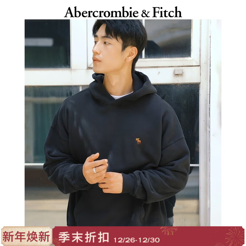 Abercrombie &amp; Fitch小麋鹿图案美式复古保暖抓绒套头连帽卫衣25秋冬男装122-5536 黑色 M (180/100A)