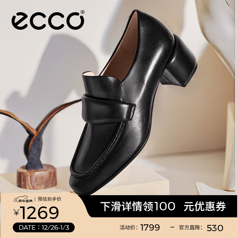 爱步（ECCO）乐福鞋女 25年新款优雅浅口正装单鞋粗跟高跟鞋女 型塑291903 黑色29190301001 35