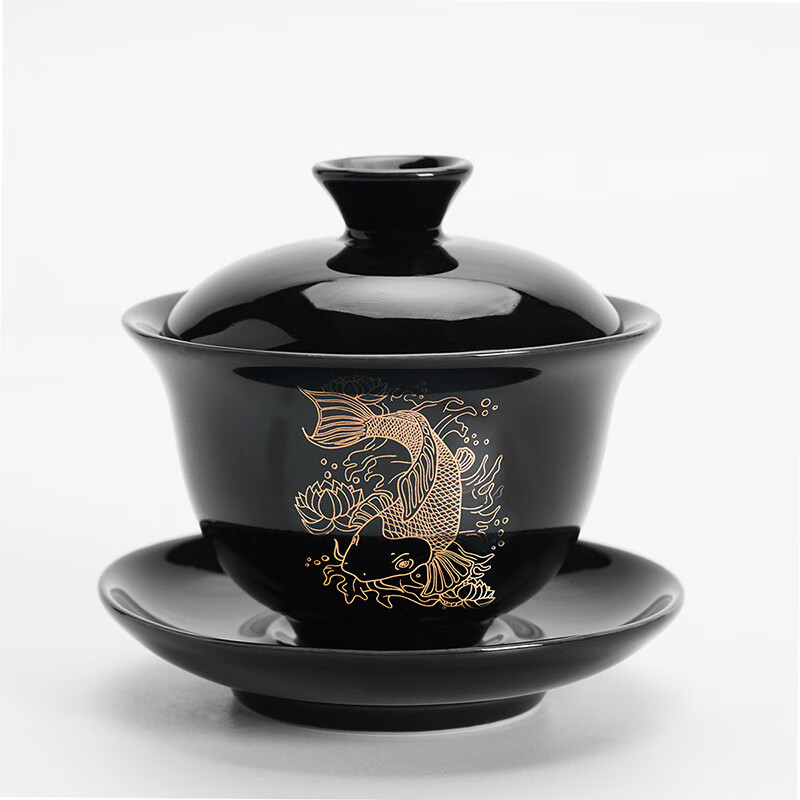 祥業(yè)黑釉三才蓋碗家用陶瓷泡茶碗茶盞單個(gè)復(fù)古中式功夫茶具配件 黑釉錦鯉蓋碗