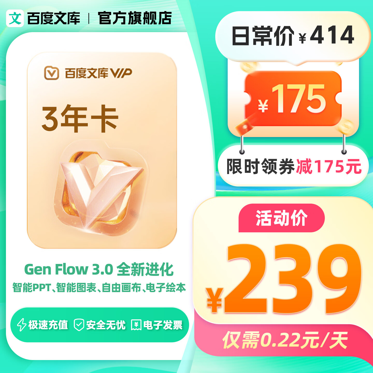 百度文库【官方直充】百度文库会员3年卡 仅需0.25元/天 PPT制作/zdm【325】