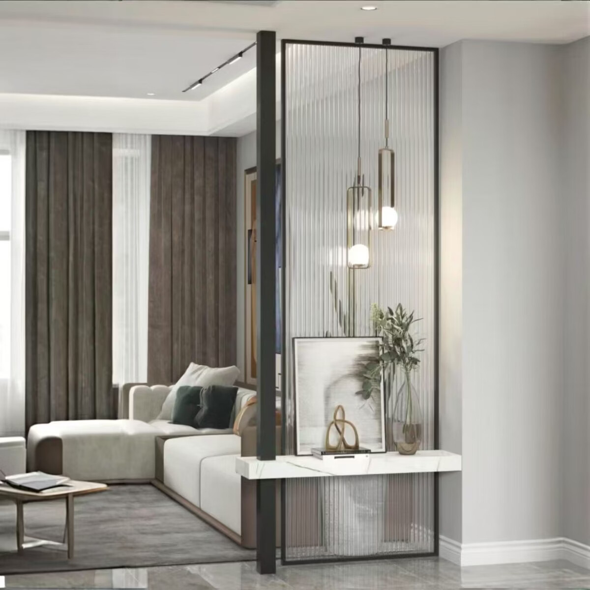 中掌柜现代家用轻奢简约客厅金属艺术玻璃岩板立柱屏风隔断入户高级