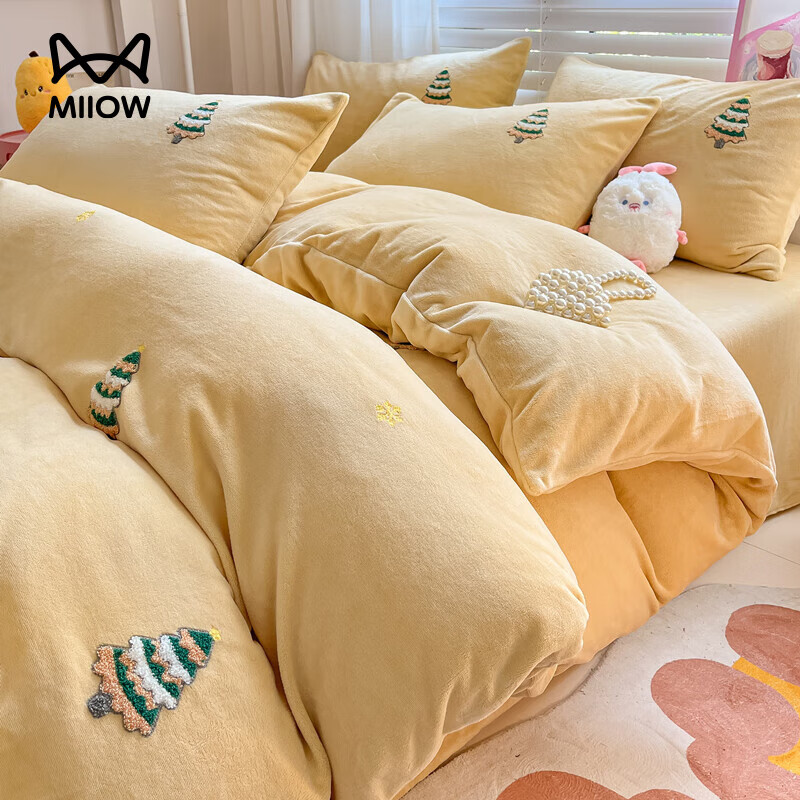 猫人（MiiOW）牛奶绒床上四件套珊瑚绒加厚保暖床单被套罩三件套毛巾绣 圣诞树【高克重牛奶绒 蓄热保暖不易掉毛】 床单款 1.5-1.8床四件套适用200x230cm