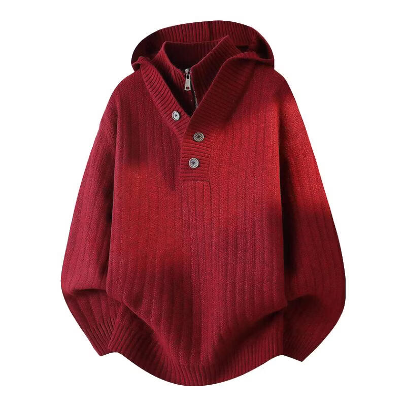 连帽加厚毛衣男士秋冬季假两件设计感上衣慵懒风针织衫打底衫男f 酒红色 XL 【建议130-145斤】