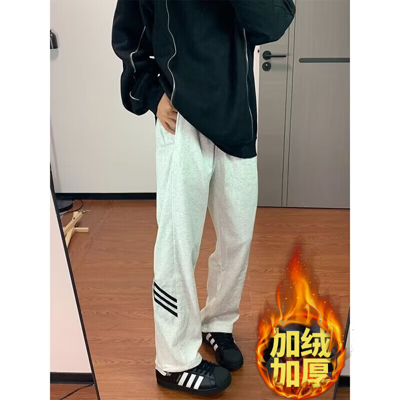 POUM休闲裤男百搭直筒宽松长裤男女美式条纹阔腿裤男日常慵懒风裤子男 BKEG-bk06灰色 2XL 【建议125-140斤】