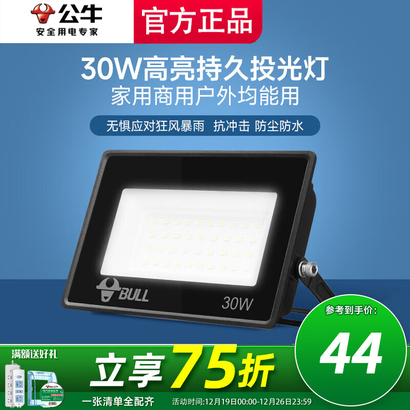 公牛投光灯路街门大功率LED工地照明室外厂房墙防水家用庭院室内超亮 30w【IP65防护】约20㎡适用