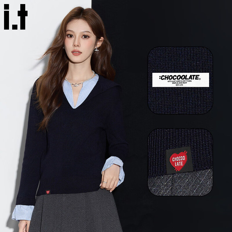 :CHOCOOLATEit高级感V领时尚打底针织衫女春秋季叠穿假两件上衣 深蓝色 均码
