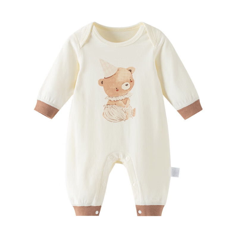 新生婴儿衣服宝宝连体衣春秋纯棉哈衣宝宝爬爬服长袖闭哈衣秋装 米色 90cm 建议12-18个月