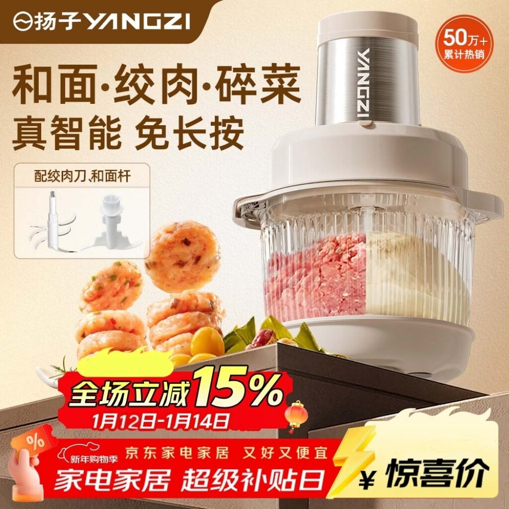扬子（YANGZI）绞肉机家用绞馅机机多功能料理机和面机辅食机婴儿打泥机智能纯铜电机6叶钢刀和面一体机5升 J-015
