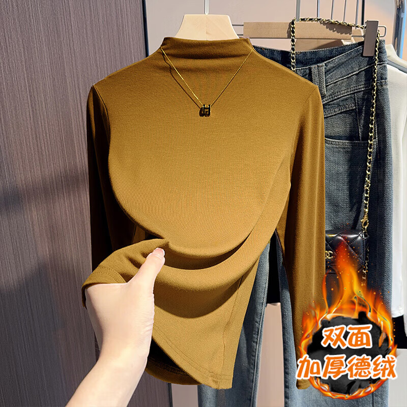 【工厂发货】女装秋冬衣服磨毛半高领内搭打底衫女t恤长袖加厚保 白色【德绒磨毛加厚】 L 建议100-115斤