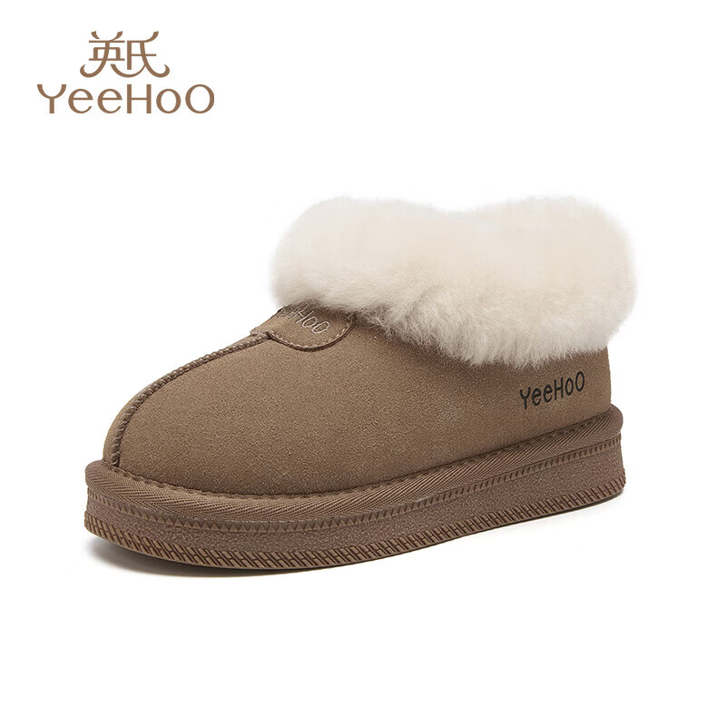 英氏（YEEHOO）童鞋儿童2025新款冬季加绒鞋皮毛一体软底雪地靴女童保暖棉鞋男童 驼色 32 内长20cm 适合脚长19.3-19.8cm