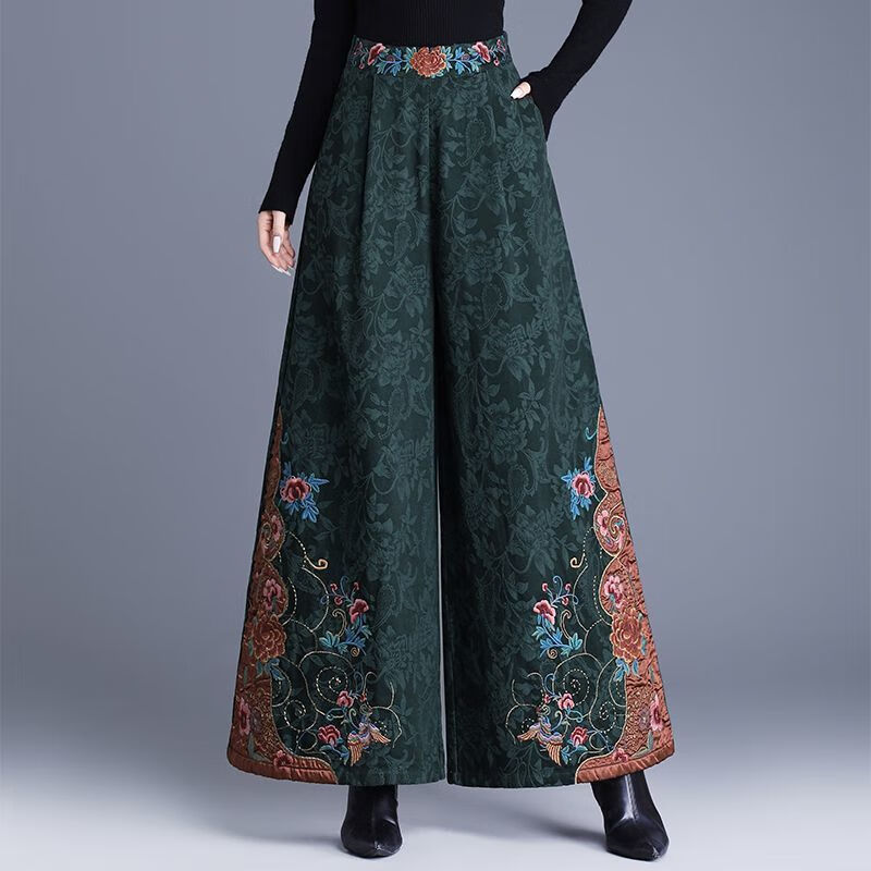 中年妈妈装新中式国风高腰阔腿裤重工绣花提花民族风刺绣长裤子女 黑色刺绣阔腿裤(不加绒) L