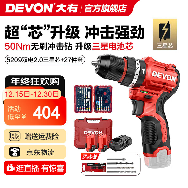 大有（Devon）12V锂电无刷电钻5208手电钻冲击钻5209电动螺丝刀家用电钻DD121 5209 2.0双电塑盒+27件套|三星芯