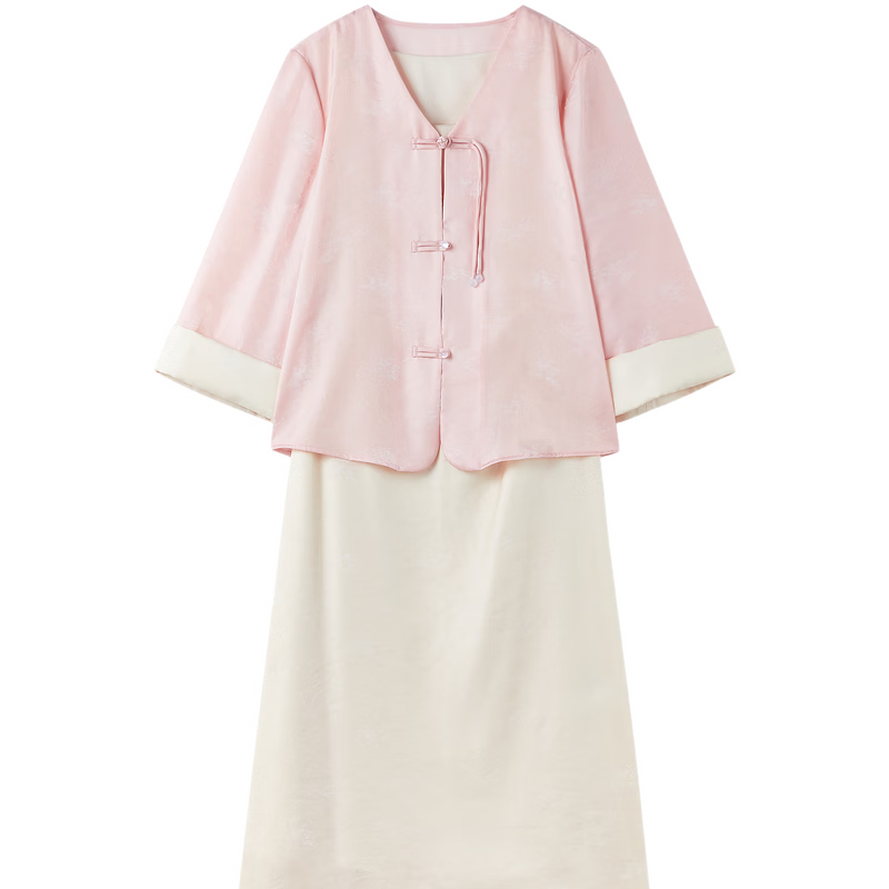 秋水伊人時尚簡約套裝2026年春季新款V領經(jīng)典國風盤扣連衣裙套裝