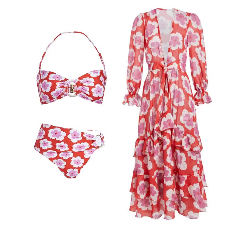 诗迦努新款小众设计感性感显瘦遮温泉度假比基尼分体泳衣女沙滩外搭 套装 S