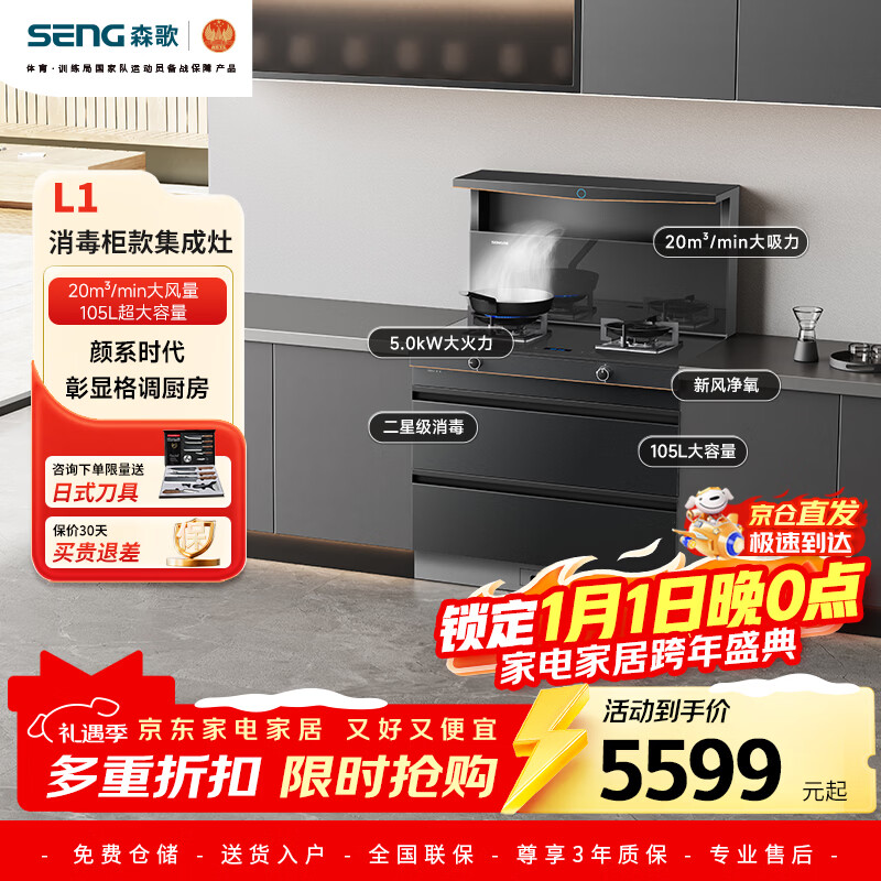 森歌(SENG)【海豚系列】L1集成灶消毒柜款二星级消毒一体式吸烟机燃气灶具 家用抽油烟机 灰色天然气右排烟