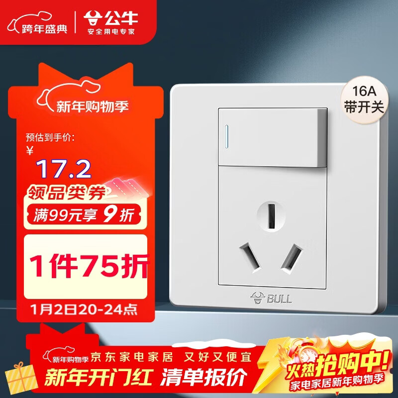 公牛（BULL）开关插座 G07系列 16A带开关插座86型插座面板 G07E204AS 象牙白