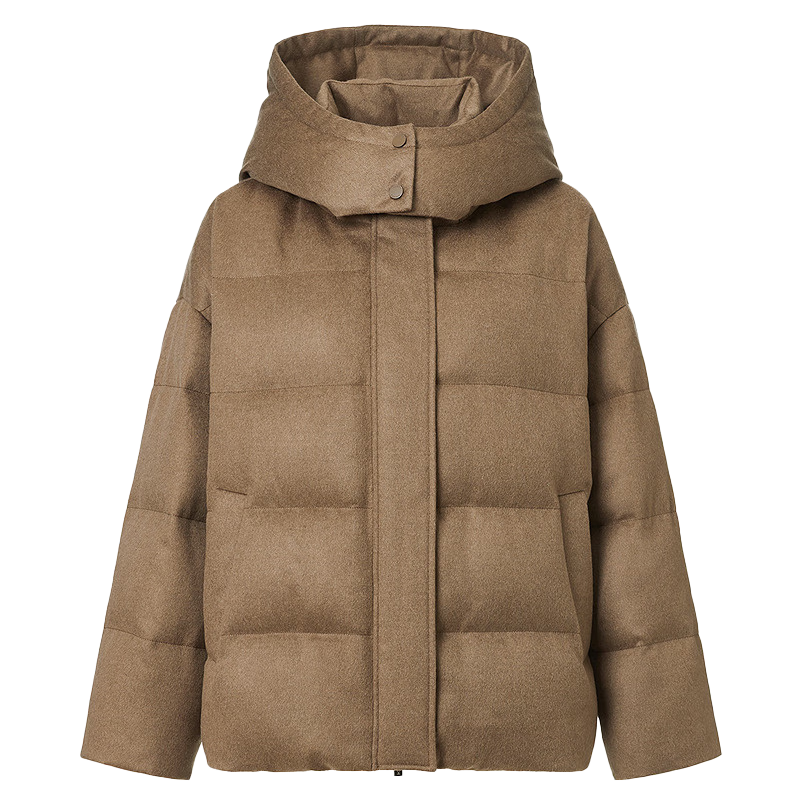 VGRASS25冬新款桑蚕丝混纺毛呢含骆驼绒90鹅绒羽绒连帽宽松外套女 摩卡棕色 L