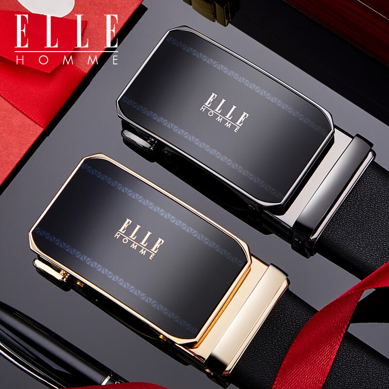 ELLE HOMME法国男士皮带男头层牛皮男士腰带真皮自动扣圣诞礼物送男友老公 【专柜礼盒】902079A金色/细纹带身 110cm -130默认随机(可修剪)