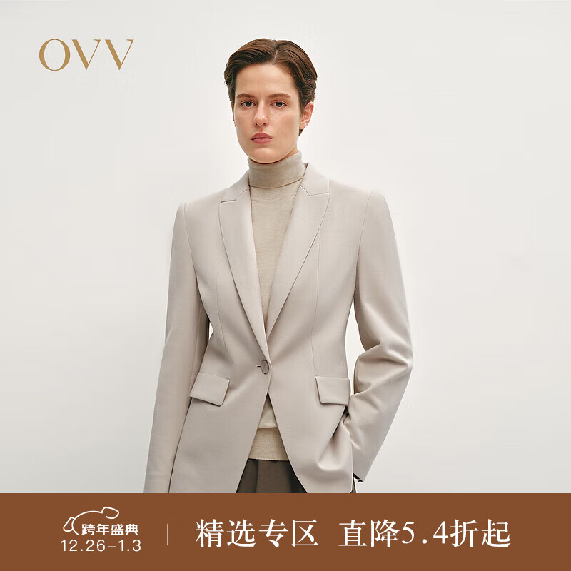 OVV2024秋冬新款女装时尚修身戗驳领职业通勤休闲西服外套 白沙灰 M