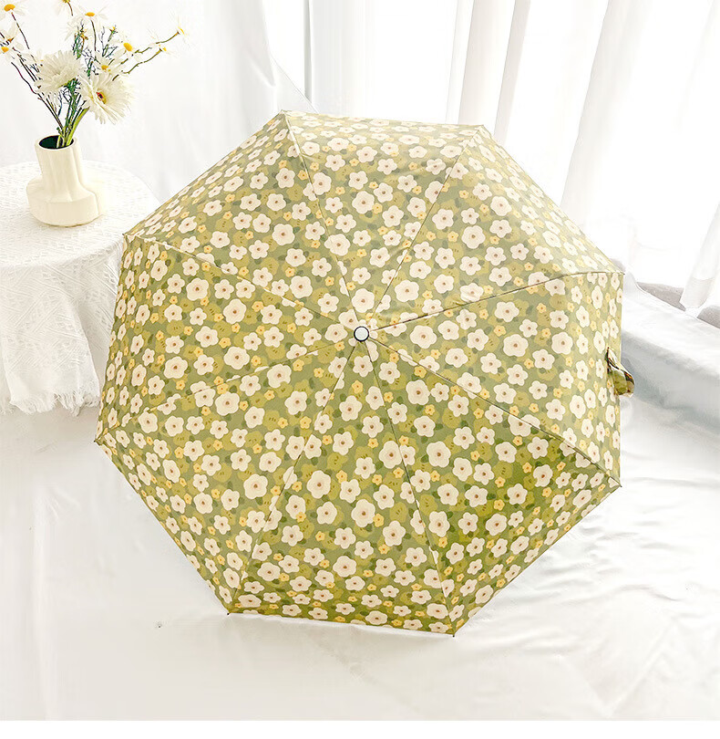 爱诺威【优选好物】清新碎花晴雨两用遮阳伞折叠自动雨伞女感防晒太阳 7骨银胶手动伞