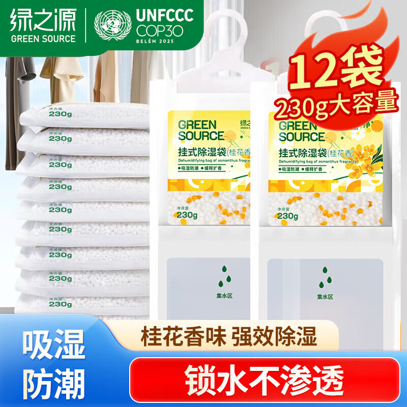 綠之源可掛式除濕袋大容量衣柜宿舍床上被子除濕劑干燥劑吸濕包 可掛式除濕袋230g*12袋(桂花香)