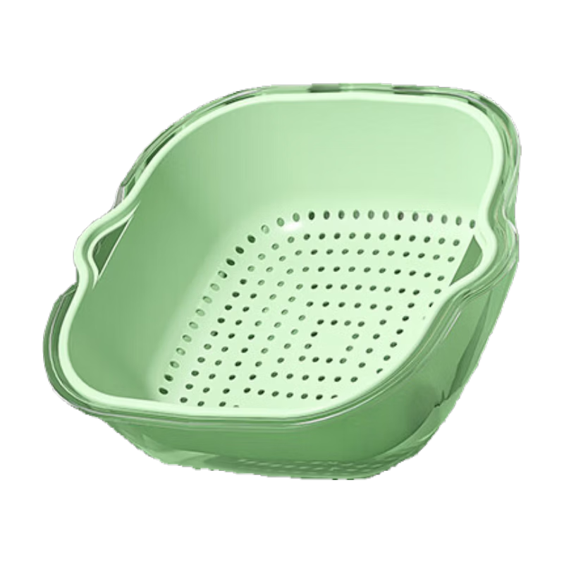双层PET蔬菜沥水篮厨房家用塑料水果盘洗菜盆全套一整套干湿两用 【中号】双层沥水篮-绿色