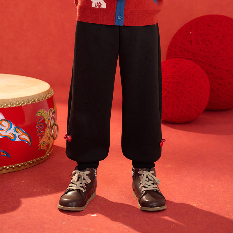 棉花堂（cottontown）【新年】棉花堂童装男童盘扣加绒裤女童拜年服新款儿童保暖束脚裤 黑色 90 90/50