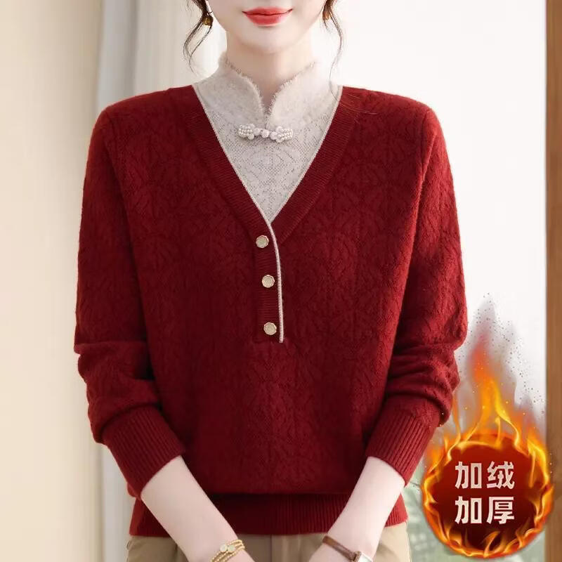 妈妈秋冬装保暖加厚毛衣旗袍领新款中老年一体绒上衣女打底衫 安哥拉红(加绒)一体绒 3XL 【建议120-135斤】