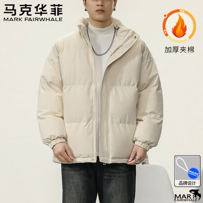马克华菲棉服男士秋冬加厚棉袄外套防寒夹克保暖面包棉衣 米白 L