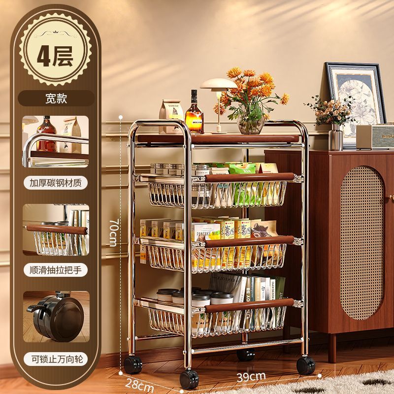 简漾小推车厨房置物架客厅零食收纳可移动多层收纳架厨房落地置物架 4层加粗3框1板黑轮