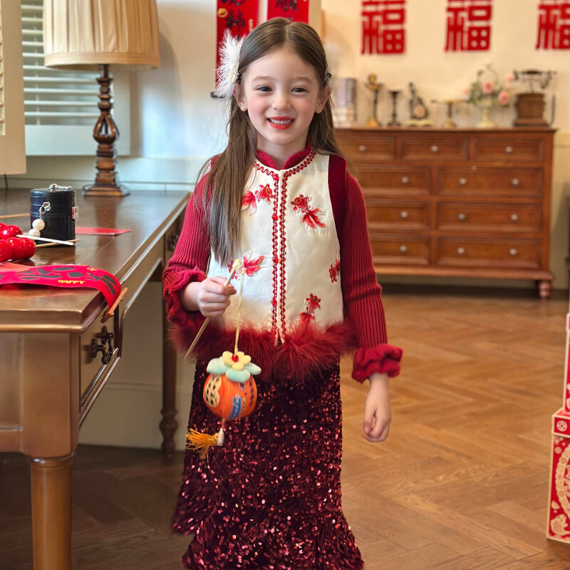 栀了成长记童装女童国风锦鲤唐装马甲2025冬季儿童新中式夹棉上衣 半身裙 120