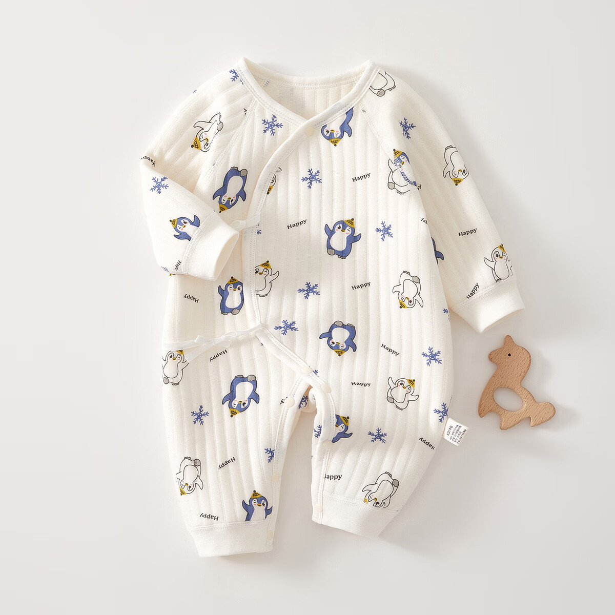 婧麒新生儿婴儿衣服秋冬夹棉满月纯棉初生宝宝秋装连体衣a类爬服 蓝企鹅 59cm  【1-3月建议体重4-6kg】