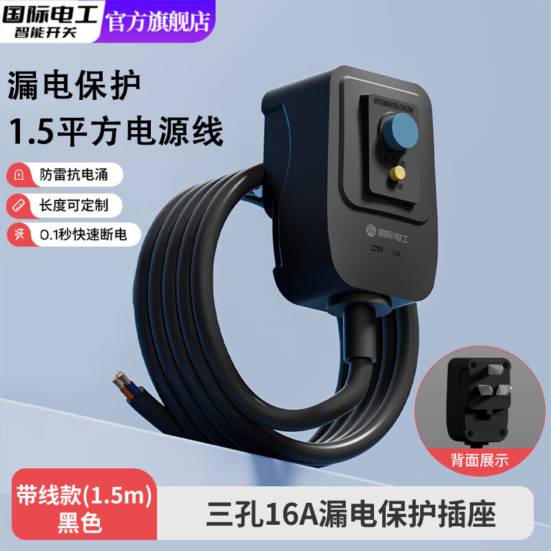 国际电工热水器漏电插头漏电保护空调漏保开关大功率10/16A带1.5米延长线 1.5米线款-16A漏电保护插头（黑色）