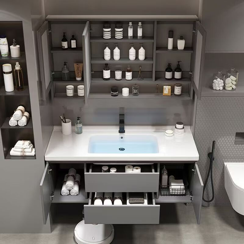 九牧（JOMOO）智能简约陶瓷实木现代浴室柜卫生间洗脸盆柜一体洗手盆洗漱套装 轻奢灰玻璃门镜柜-储物镜柜 120cm-陶瓷一体盆-龙头套装