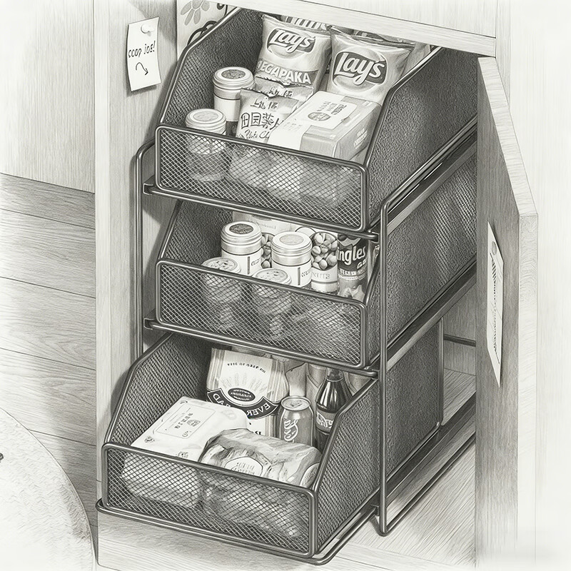 尔思家下水槽置物架浴室柜下抽拉式橱柜收纳盒多层储物分层架宿舍零食架 典雅黑三层【密网款】