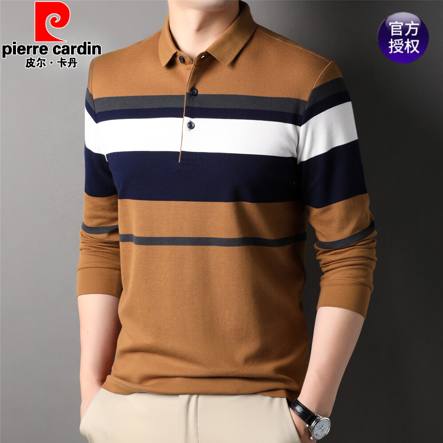 皮尔卡丹(pierre cardin)长袖T恤男中青年男装丝光棉条纹2025秋季修身休闲棉质POLO领衫 湖绿 66102 3XL 185/125