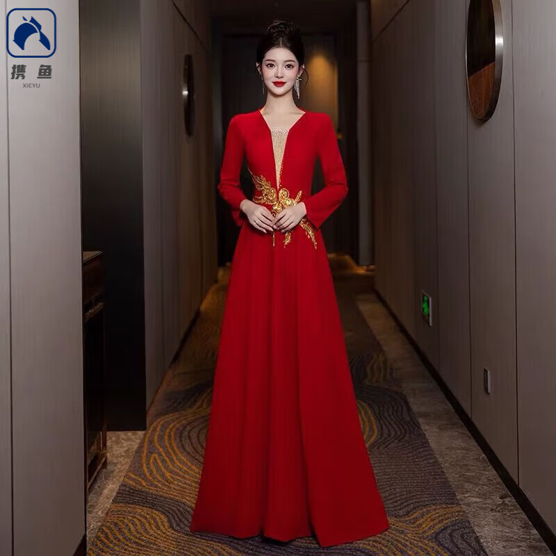 攜魚新款高端主持人合唱團晚禮服紅色長裙2025 端莊大氣朗誦演出服 紅色(金色花) XL