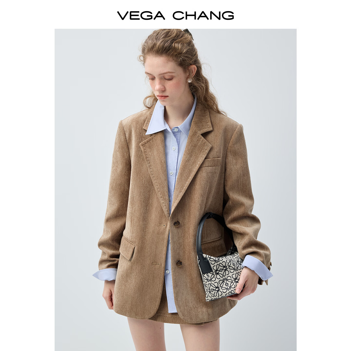 VEGA CHANG【小敏推荐】人字纹雪尼尔廓形西装套装女2026新款春季 浅驼色(上装) S