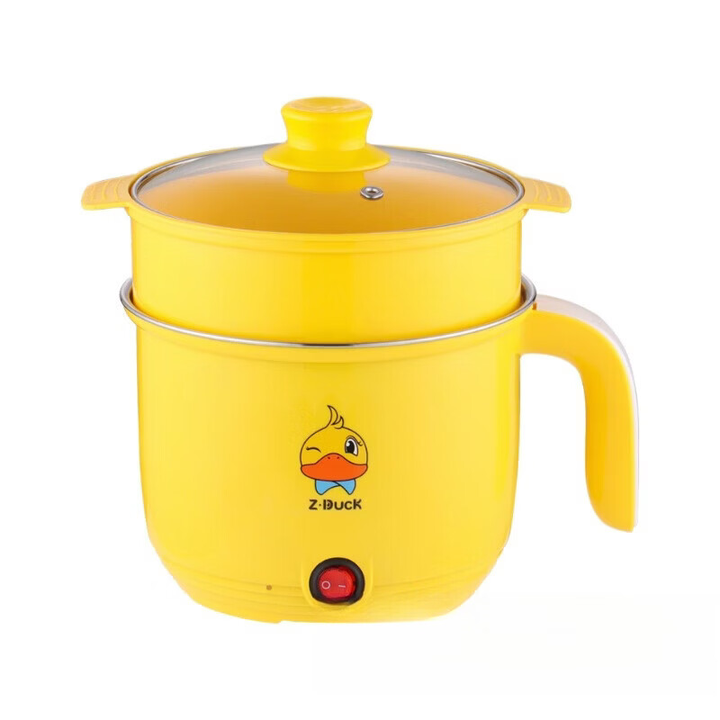 【精选】小黄鸭电煮锅多功能一体电热锅学生宿舍家用不粘锅迷你小 普通黄色双层款（不锈钢蒸笼