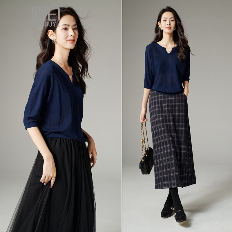 晚白【断码清仓】2026春款时尚优雅V领毛衣柔软舒适宽松大码针织衫女 深蓝色 M