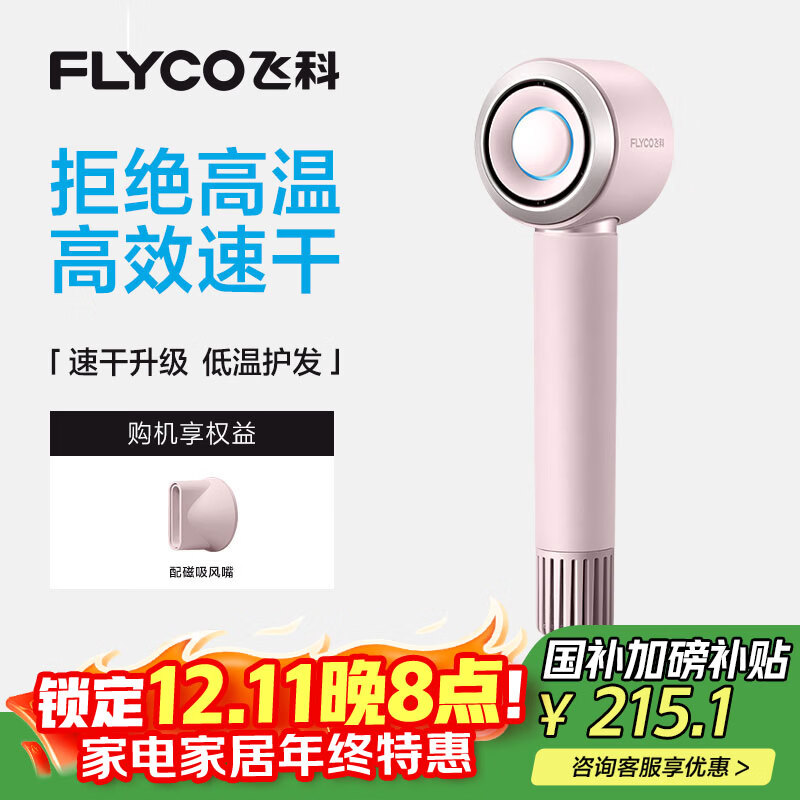 飞科（FLYCO）高速电吹风机生日礼物家用便携出行必备速干负离子大风力护发吹风筒FH6371钻石粉 国家补贴