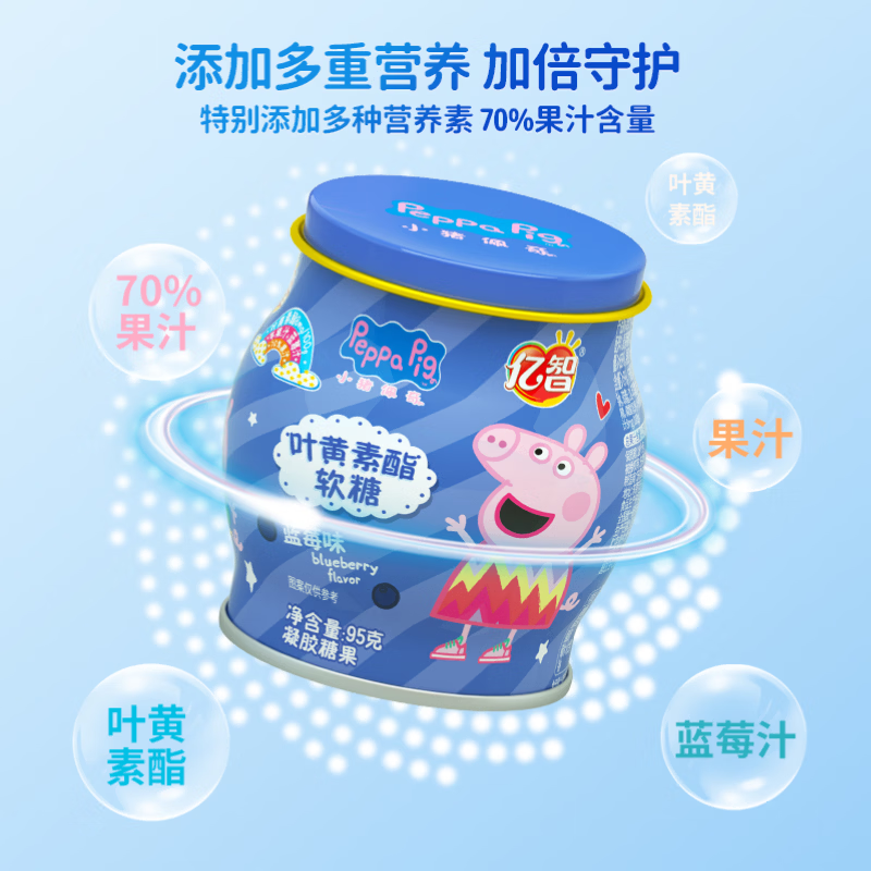 亿智小猪佩奇水果味软糖果休闲儿童宝宝零食幼儿园开学过年货节送礼物 95g罐装蓝莓叶黄素酯软糖